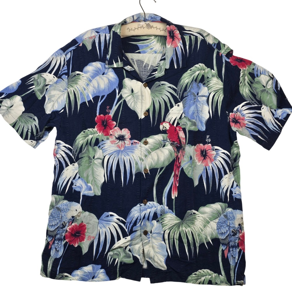 Caribbean Silk Blend Mens XL Navy Parrot Hibiscus Tropical Floral Camp Shirt - Picture 1 of 13